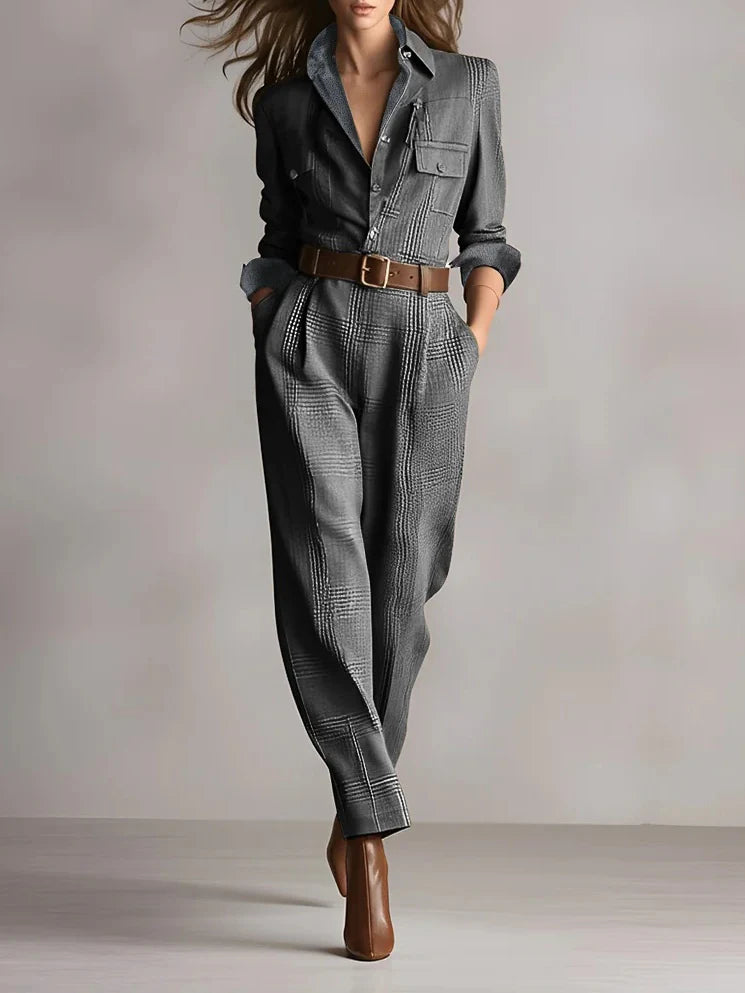 Sophisticated Tweed Texture Plaid Utility Jumpsuit