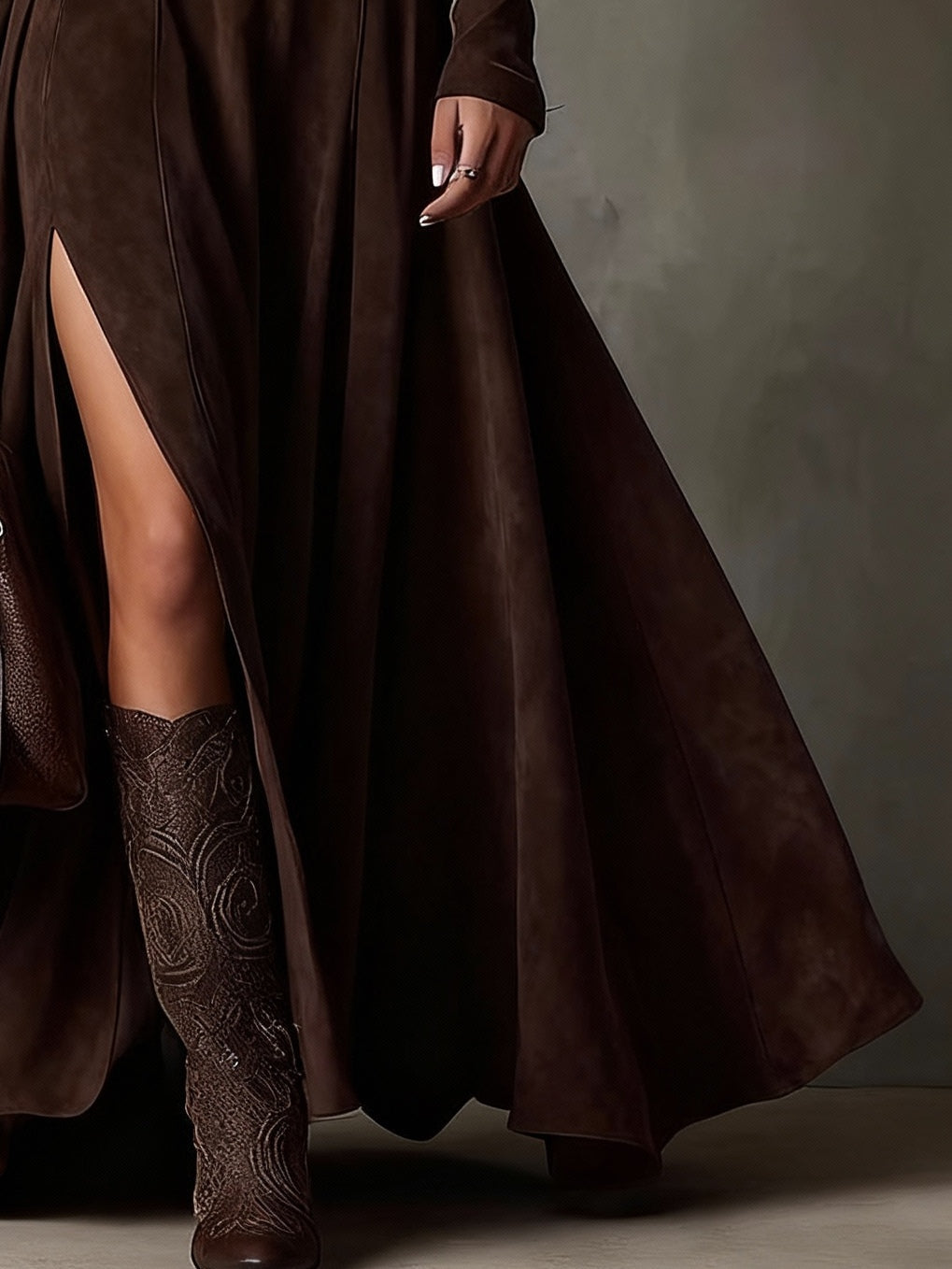 Dark Brown Faux Suede Turtleneck Long Sleeve Slit Maxi Dress（Including belt）