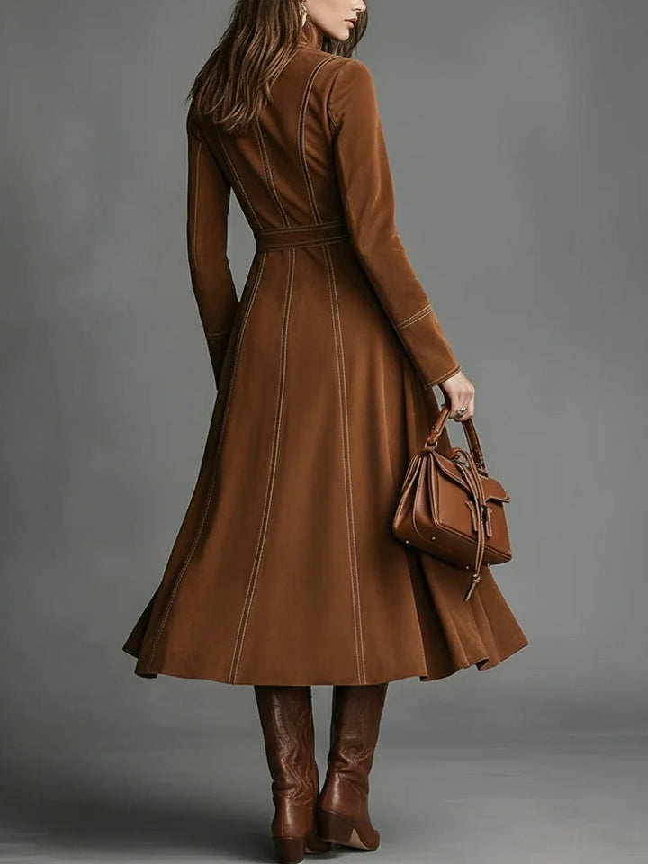 Brown Faux Suede Front Zipper Belted Elegant Maxi Dress