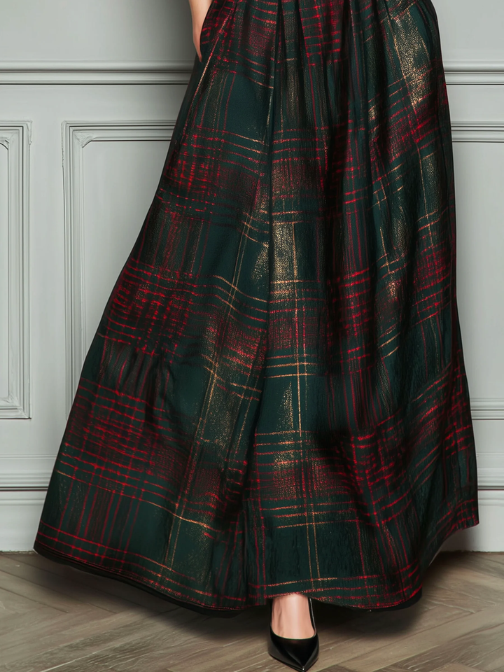 Black V-neck Velvet Green Plaid Patchwork Maxi Dress