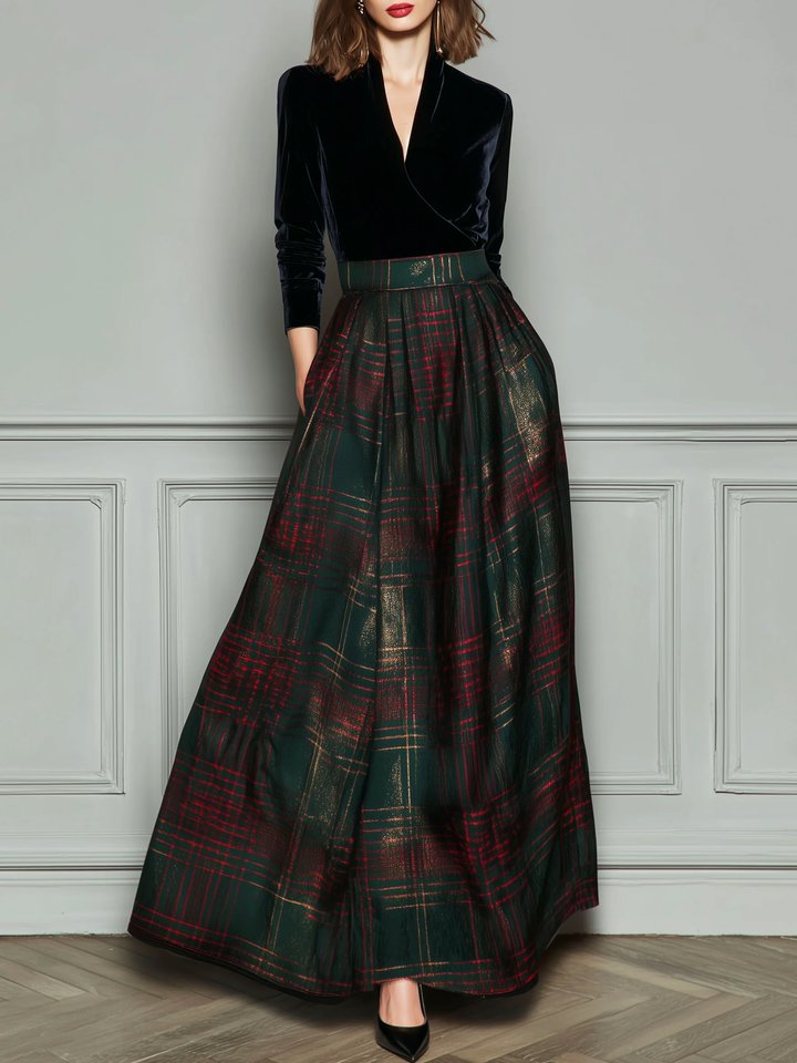 Black V-neck Velvet Green Plaid Patchwork Maxi Dress