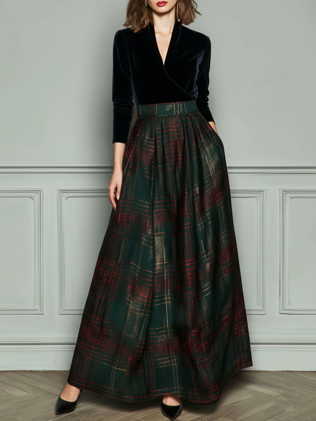 Black V-neck Velvet Green Plaid Patchwork Maxi Dress