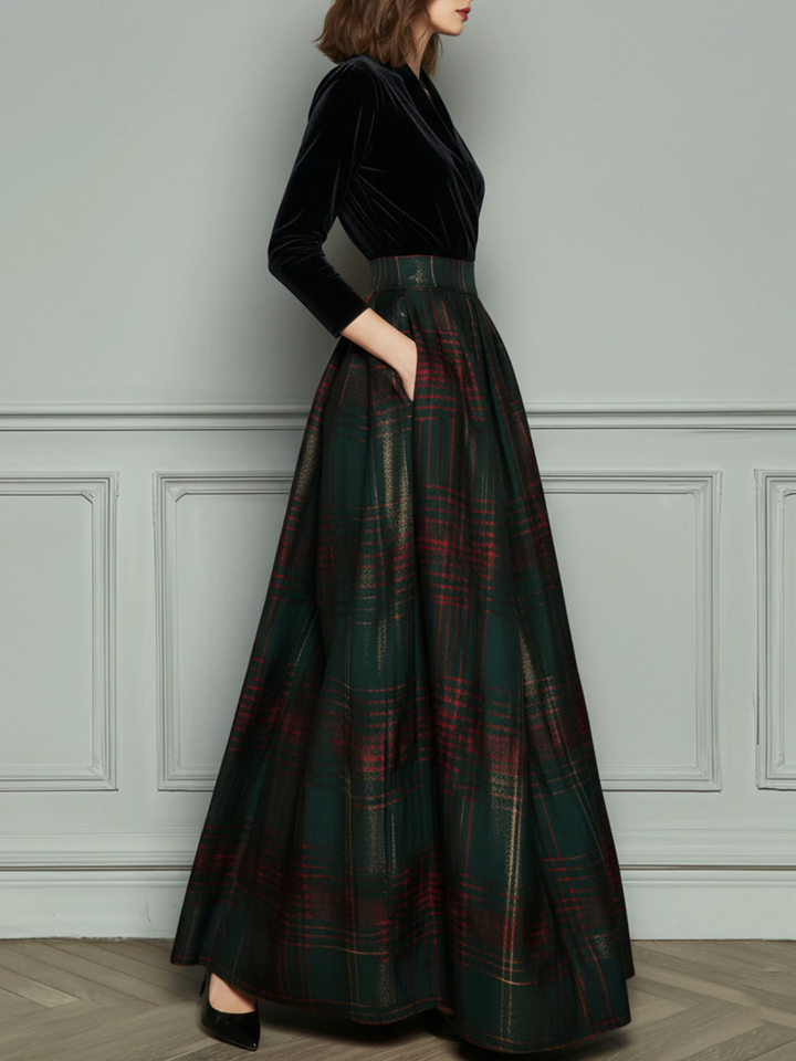 Black V-neck Velvet Green Plaid Patchwork Maxi Dress