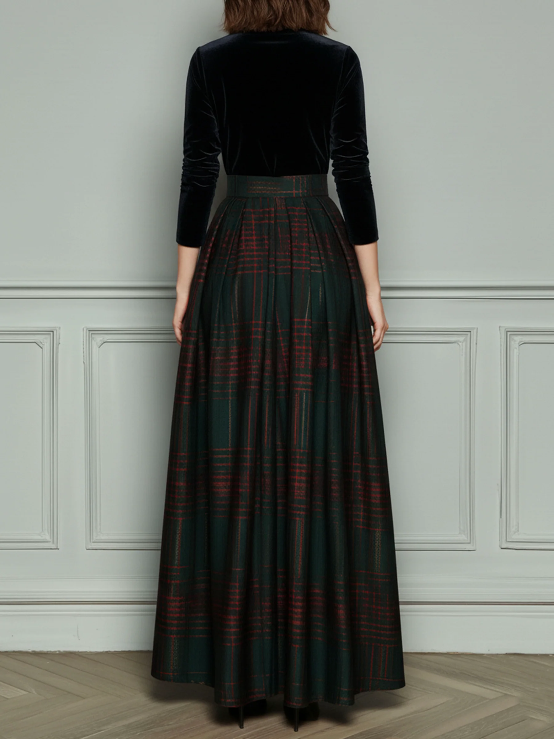 Black V-neck Velvet Green Plaid Patchwork Maxi Dress