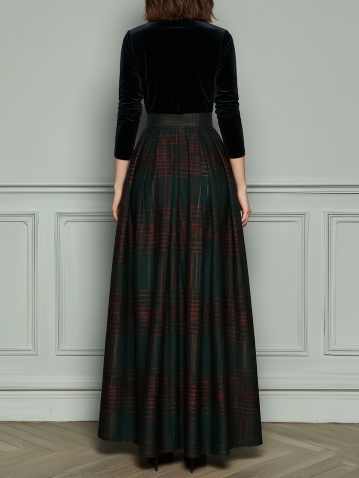 Black V-neck Velvet Green Plaid Patchwork Maxi Dress