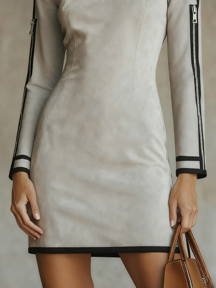 Light Grey Faux Suede High-neck Zip-up Mini Dress