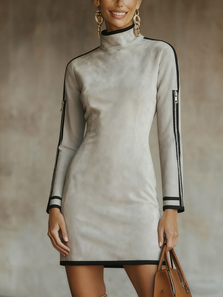 Light Grey Faux Suede High-neck Zip-up Mini Dress