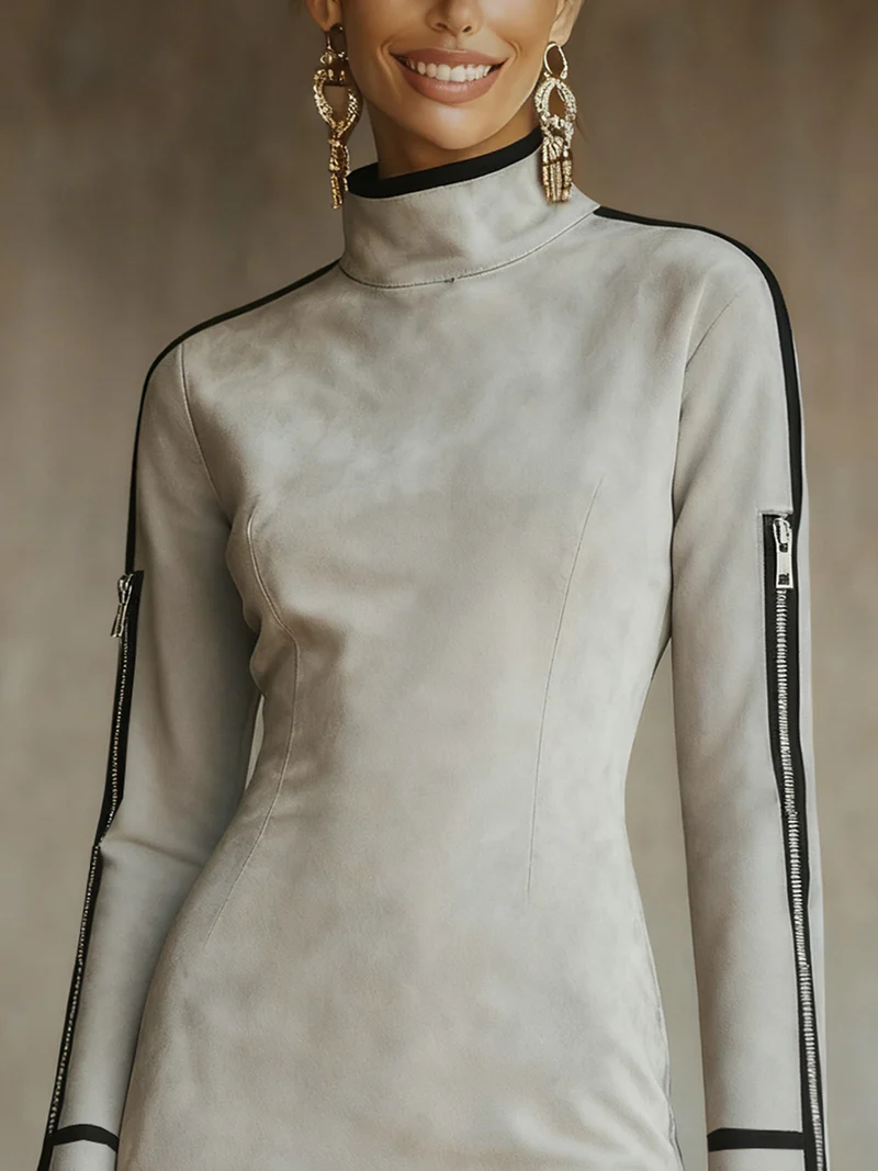 Light Grey Faux Suede High-neck Zip-up Mini Dress