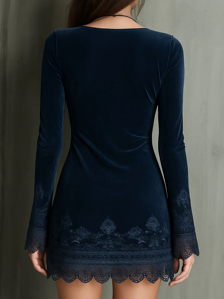 Navy Blue V-neck Embroidered Bell Sleeve Velvet Lace Trim Mini Dress