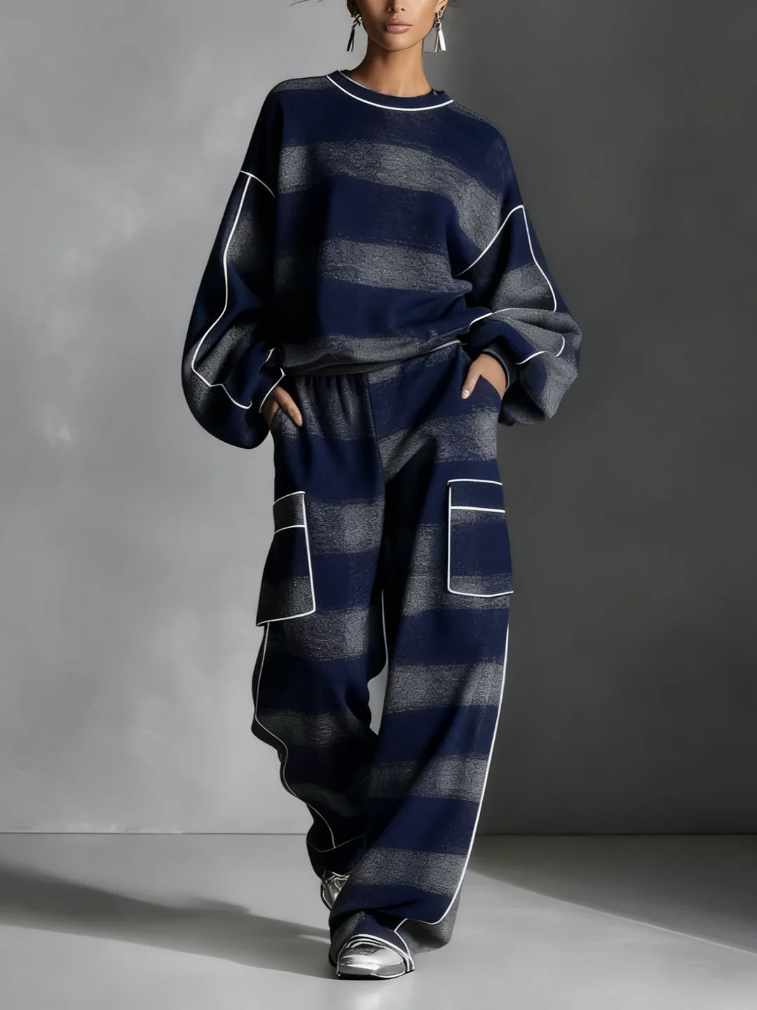Black and Grey Plaid Colour-blocked Sweatshirt and Casual Pants Two-piece set