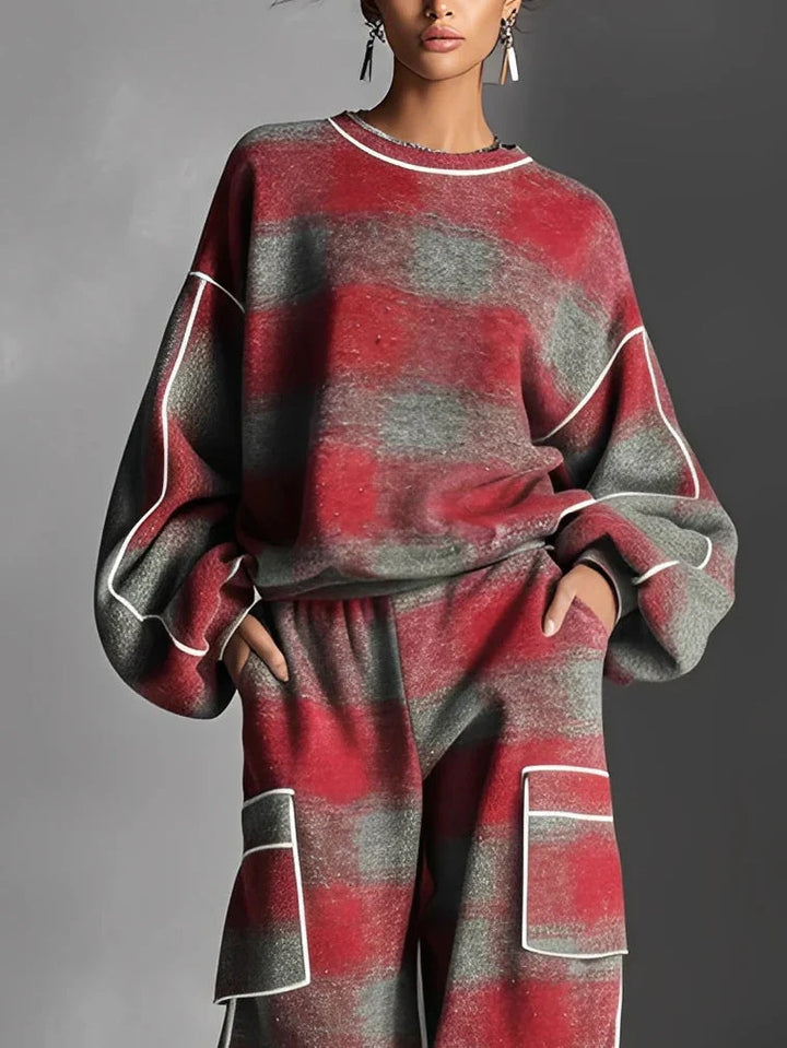 Black and Grey Plaid Colour-blocked Sweatshirt and Casual Pants Two-piece set