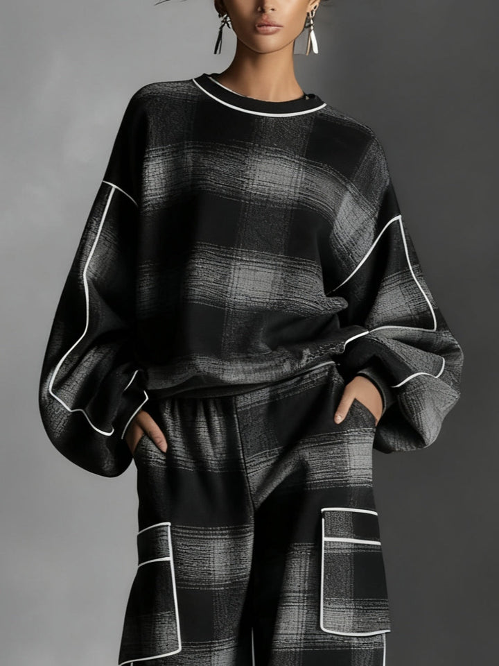 Black and Gray Plaid Color-blocked Sweatshirt and Casual Pants Two-piece set