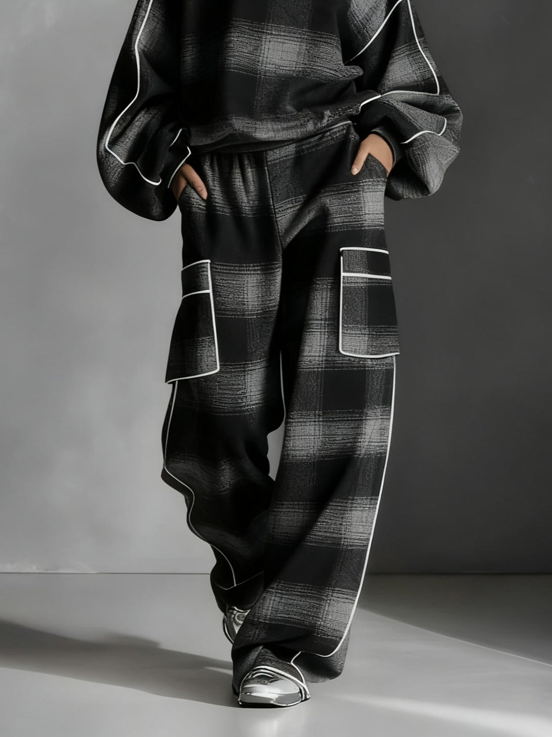 Black and Gray Plaid Color-blocked Sweatshirt and Casual Pants Two-piece set