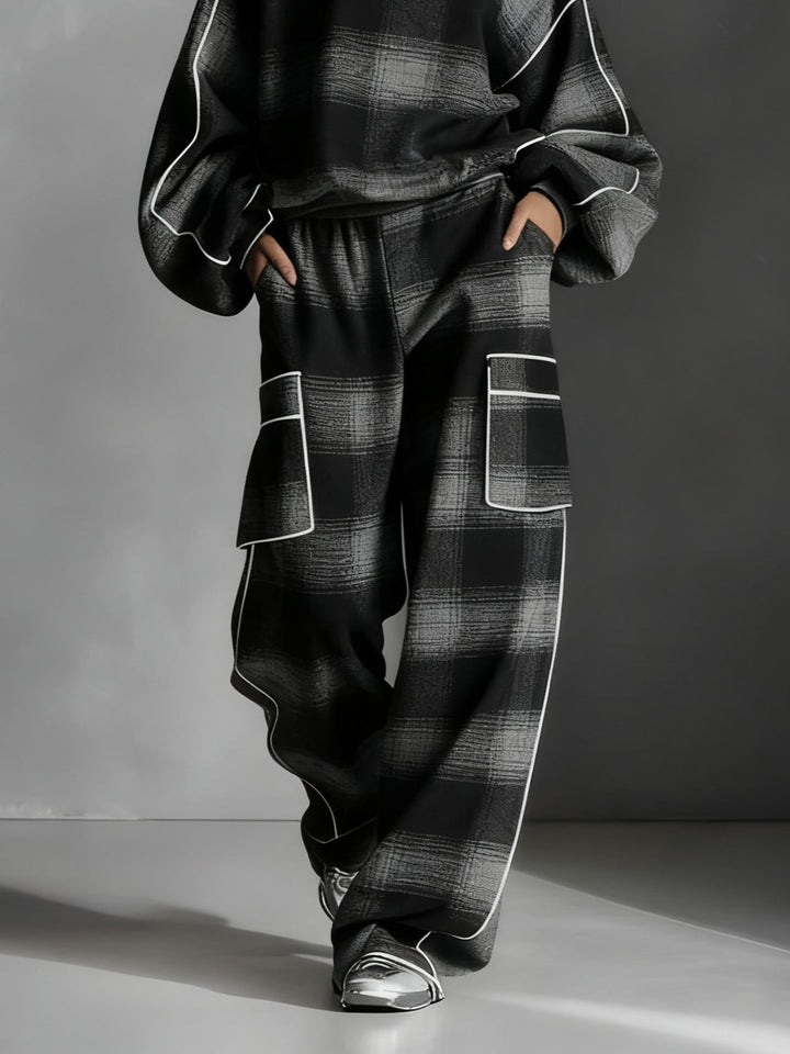 Black and Gray Plaid Color-blocked Sweatshirt and Casual Pants Two-piece set