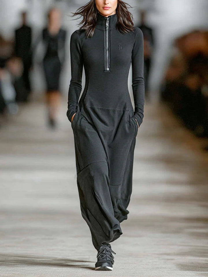 Black Turtleneck Zip-up Loose-fitting Casual Maxi Dress
