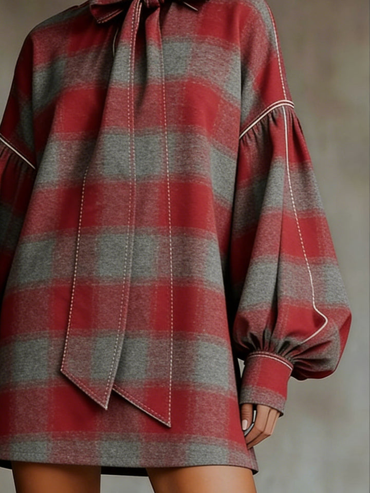 Red And Gray Plaid Bow Lantern Sleeve Mini Dress