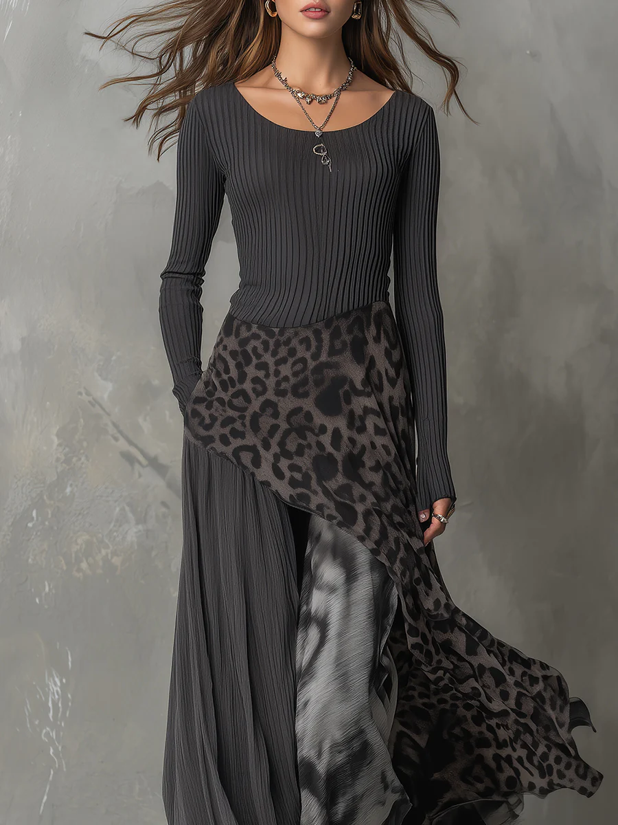 Grey Pit Stripe Leopard Print Splicing Irregular Hem Maxi Dress