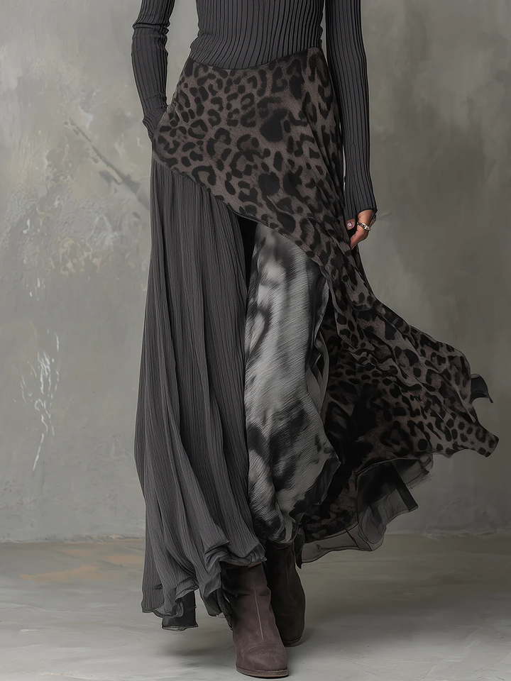 Grey Pit Stripe Leopard Print Splicing Irregular Hem Maxi Dress