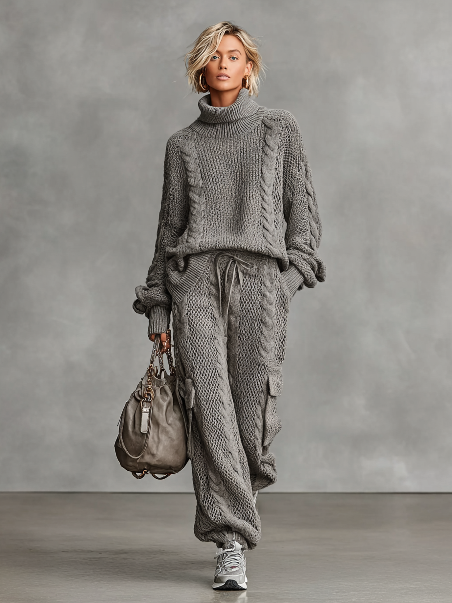 Women's Casual Cable Knit Turtleneck Sweater Cargo Pants Set