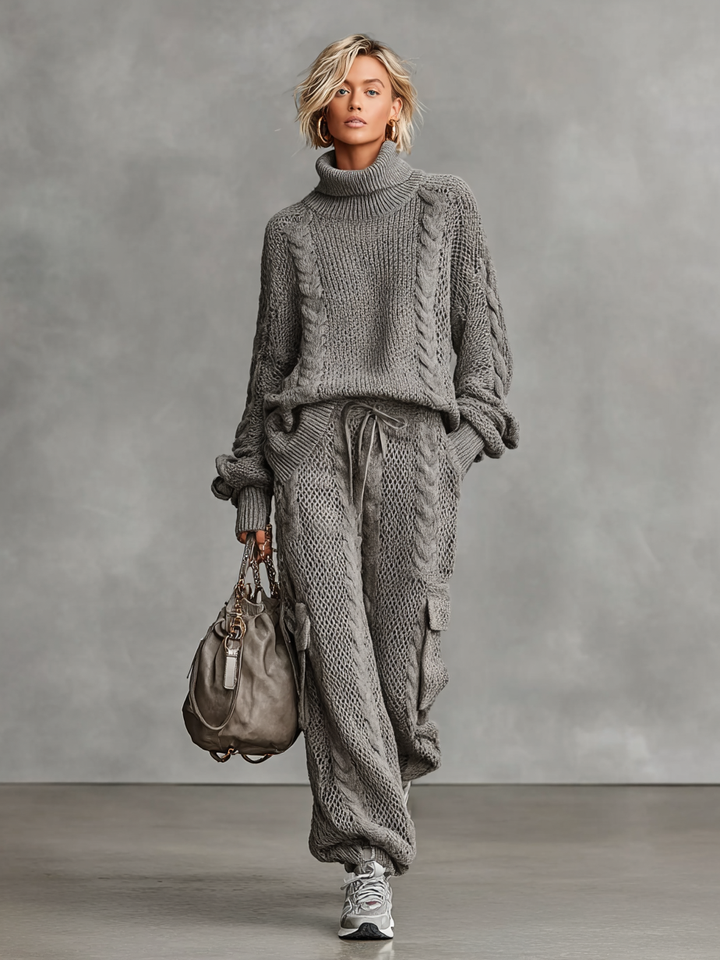 Women's Casual Cable Knit Turtleneck Sweater Cargo Pants Set