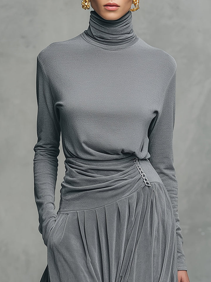 Elegant Stand-up Collar Long-sleeved T-shirt And Velvet Skirt Set