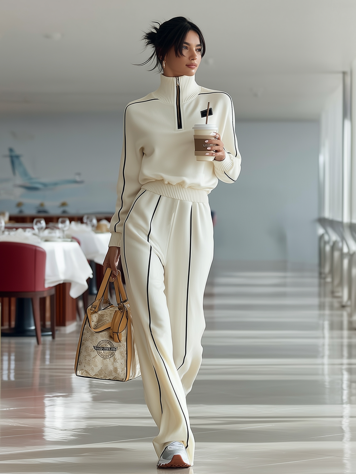 Casual Ribbed Trim Zipper Turtleneck Sports Set