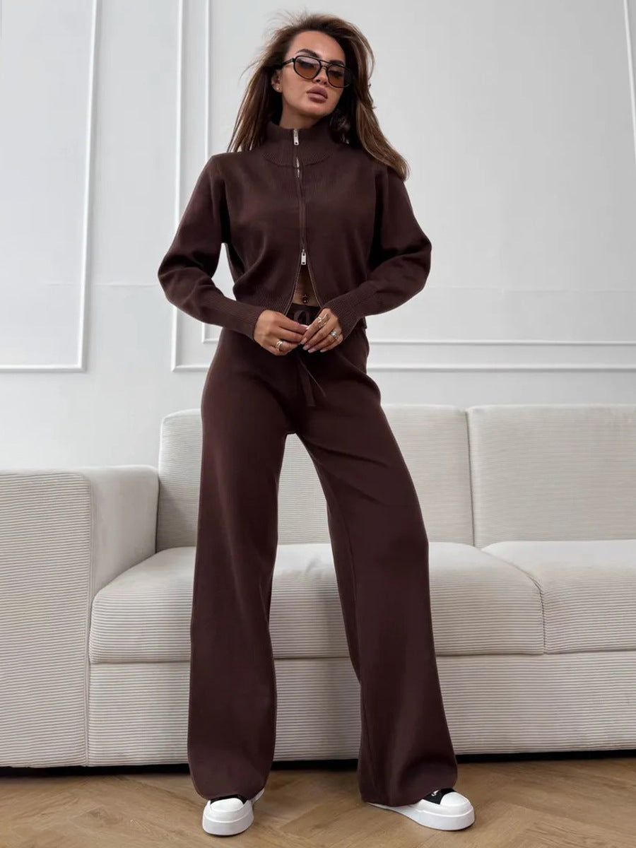 Knit 2 Piece Set – Drawstring Wide Leg Pants with Zip Jacket Top
