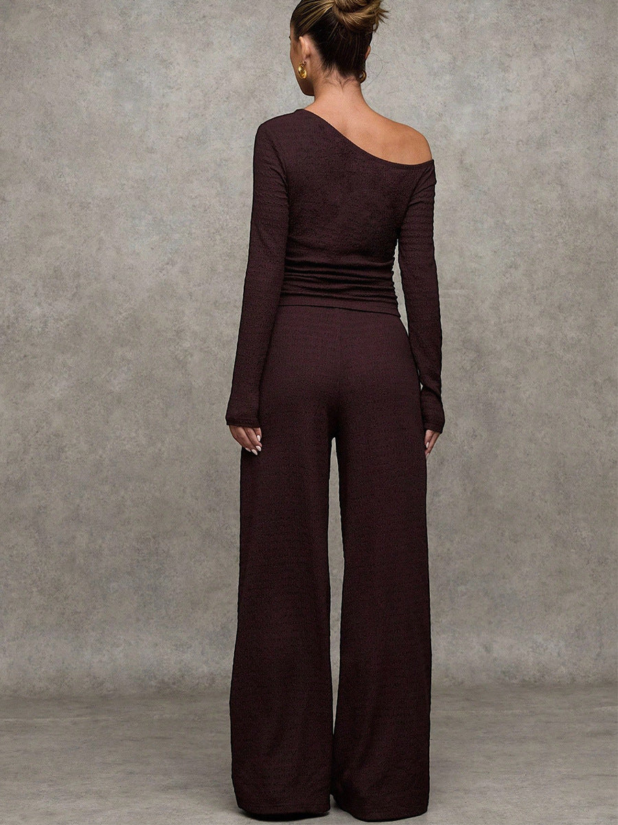 Brown Off Shoulder Knit Co Ord Set – Long Sleeve Top & Wide Leg Pants