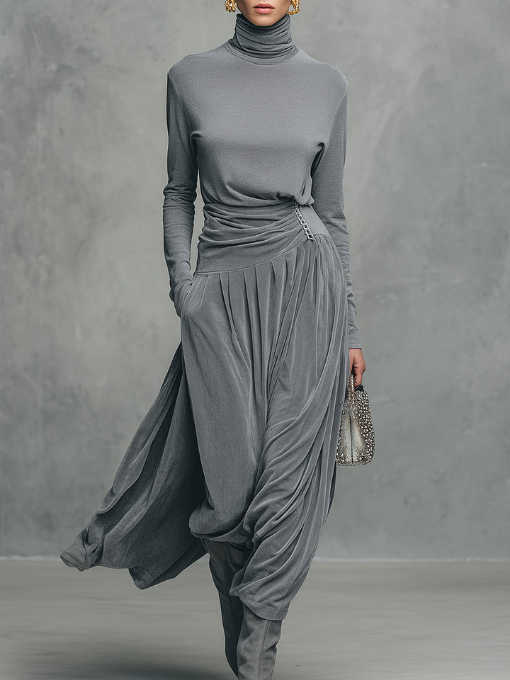 Elegant Stand-up Collar Long-sleeved T-shirt And Velvet Skirt Set