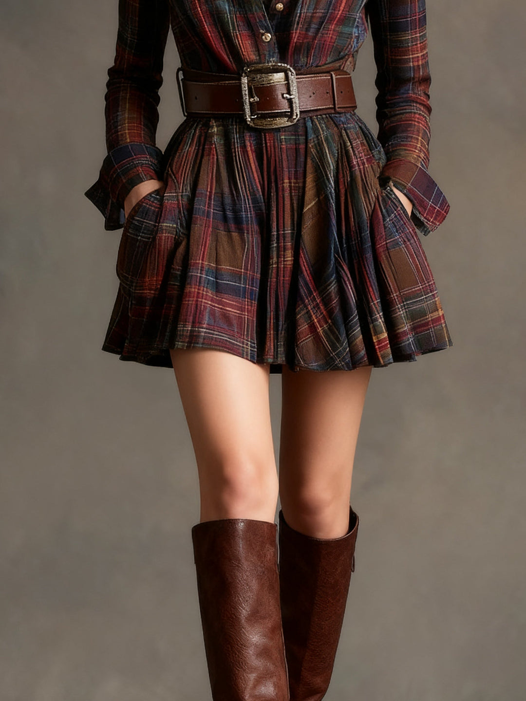 Vintage Lapel Red and Brown Plaid Mini Dress (Includes belt）