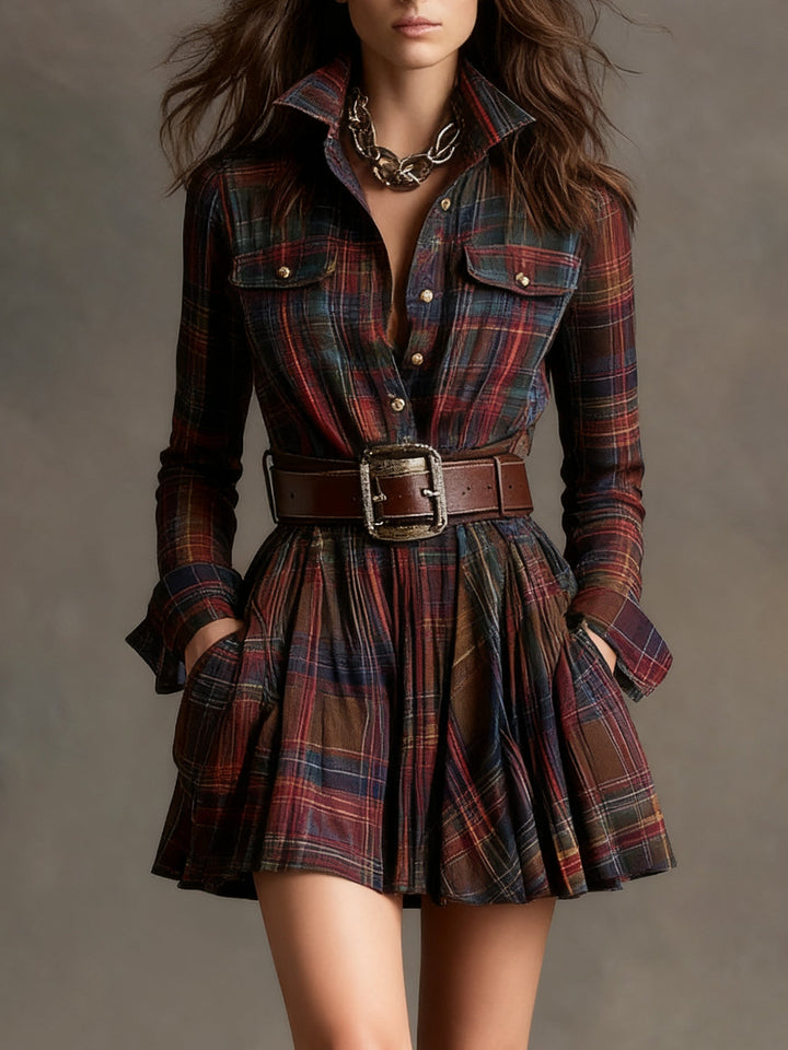 Vintage Lapel Red and Brown Plaid Mini Dress (Includes belt）