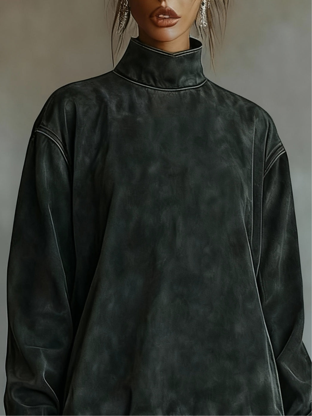 Turtleneck suede leopard print paneled hem mini dress