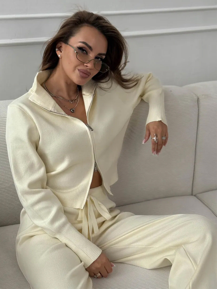 Knit 2 Piece Set – Drawstring Wide Leg Pants with Zip Jacket Top