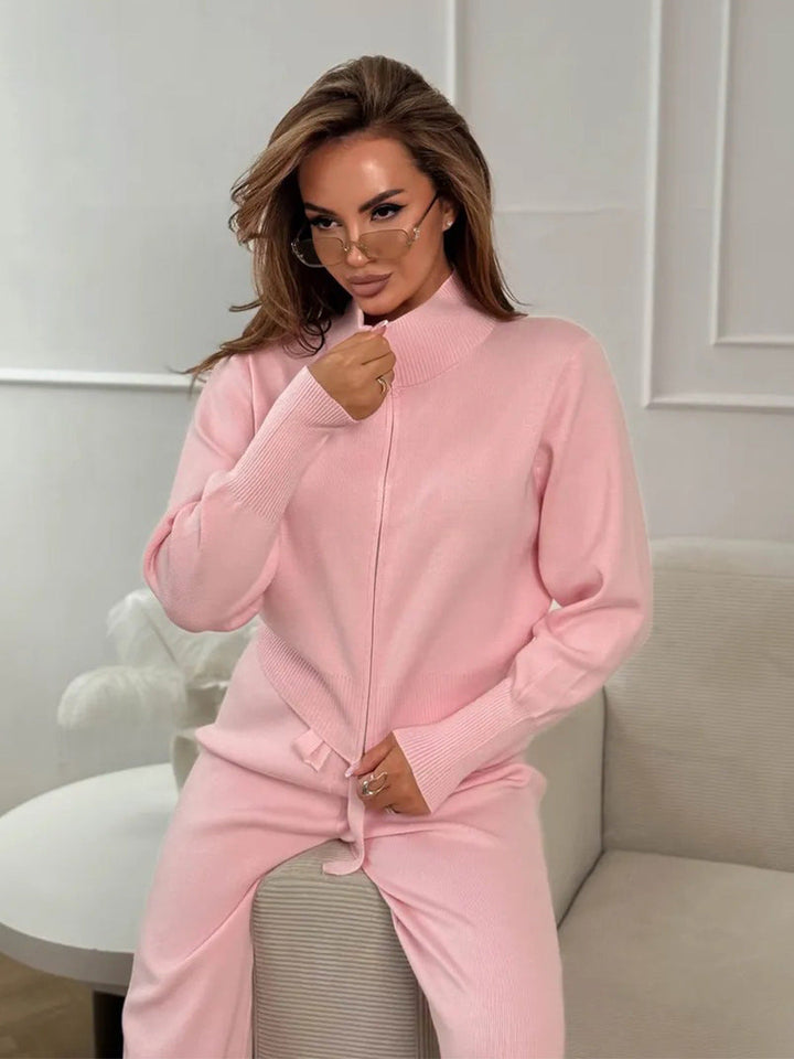 Knit 2 Piece Set – Drawstring Wide Leg Pants with Zip Jacket Top