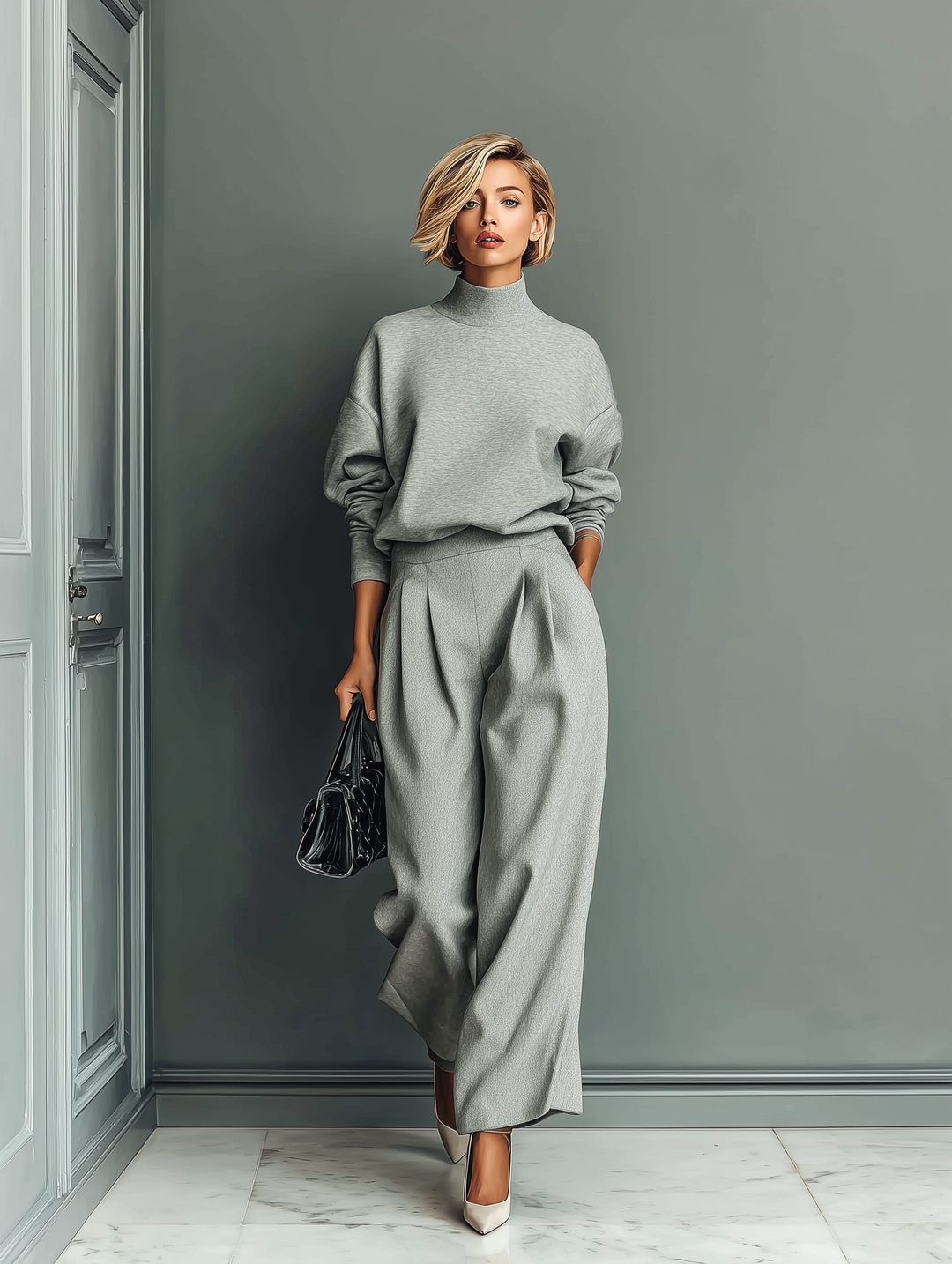 Women's Grey Blended Sweatshirt Wide-Leg Pants Set