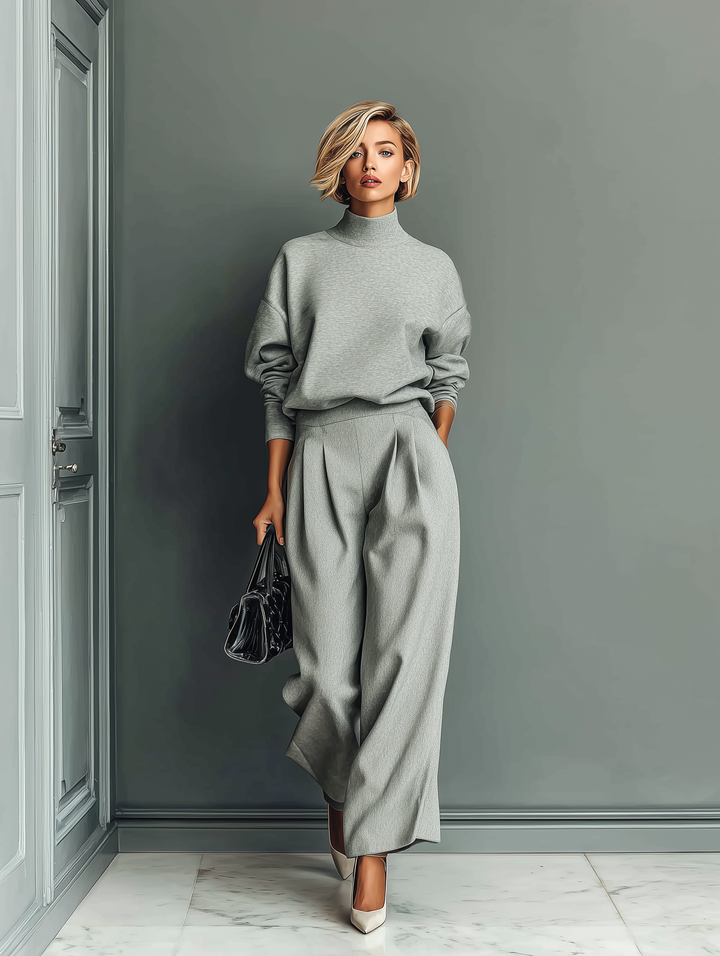 Women's Grey Blended Sweatshirt Wide-Leg Pants Set
